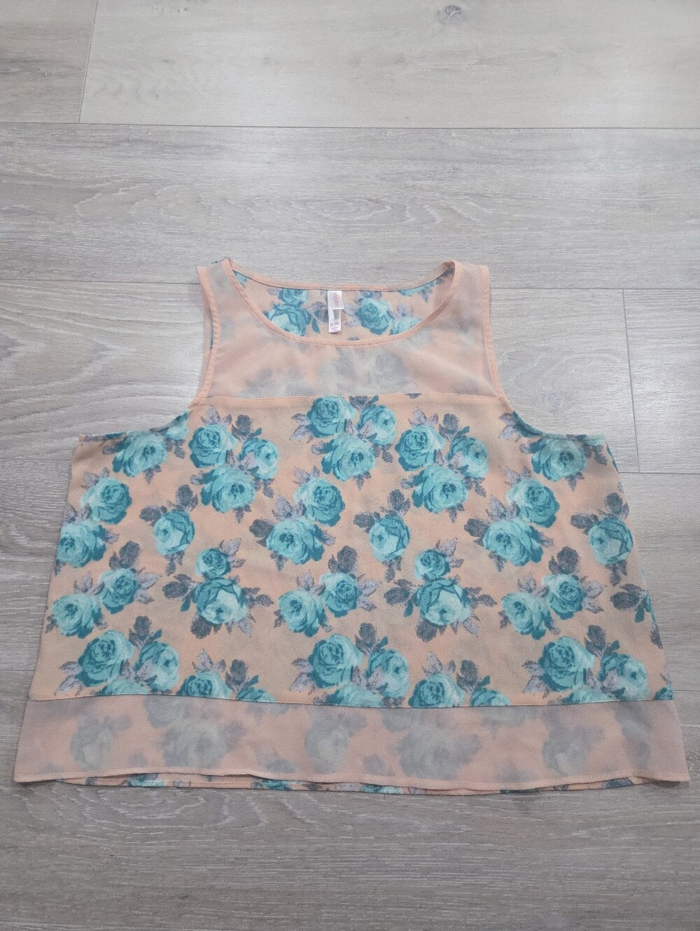 Xhilaration Semi Cropped Tank Top Pink Teal Rose Floral Print Mesh Juniors XL